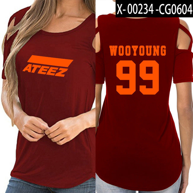 ATEEZ t shirts women Hip-hop shoulder-off sexy ATEEZ women Street Korean wear - Kpopshop