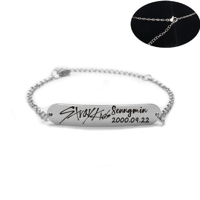 2019 New kpop Stray Kids Name Birthday Steel Stainless Steel Strip Lettering Bracelet Necklace simple korean style fashion kpop - Kpopshop