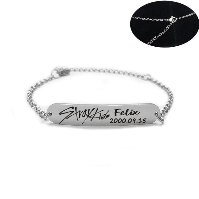 2019 New kpop Stray Kids Name Birthday Steel Stainless Steel Strip Lettering Bracelet Necklace simple korean style fashion kpop - Kpopshop