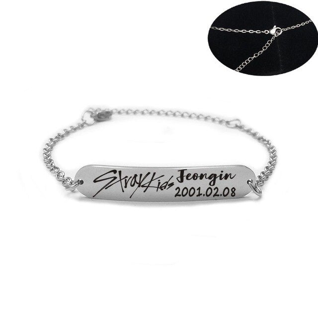 2019 New kpop Stray Kids Name Birthday Steel Stainless Steel Strip Lettering Bracelet Necklace simple korean style fashion kpop - Kpopshop