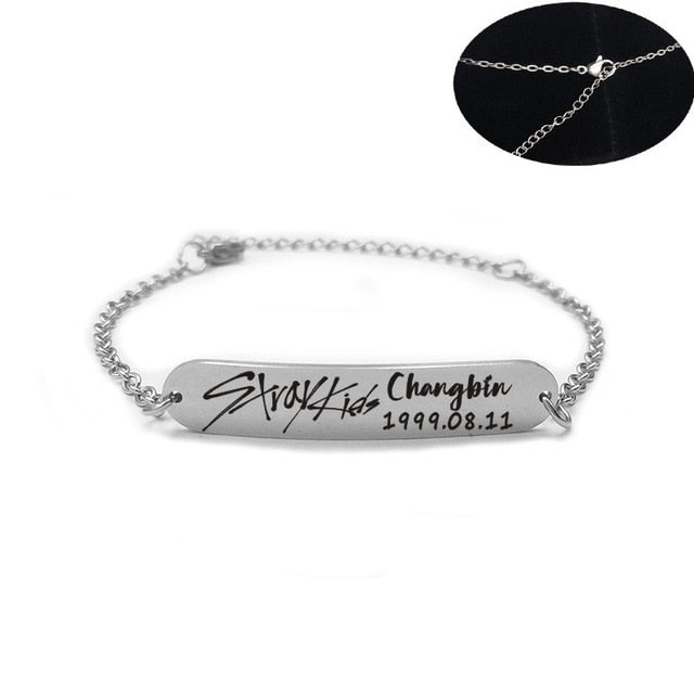 2019 New kpop Stray Kids Name Birthday Steel Stainless Steel Strip Lettering Bracelet Necklace simple korean style fashion kpop - Kpopshop