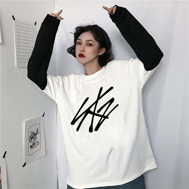 2022 Hot StrayKids Letter Fake Two Pieces Long Sleeve Summer Y2k Tees