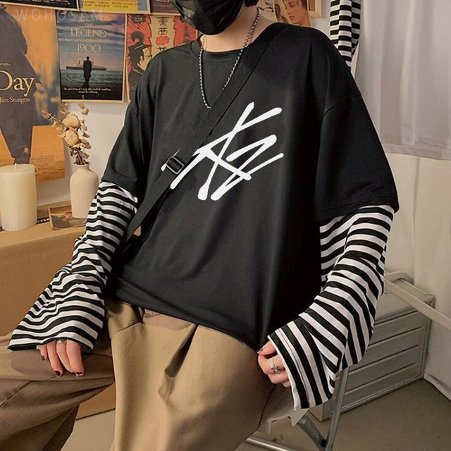 2022 Hot StrayKids Letter Fake Two Pieces Long Sleeve Summer Y2k Tees