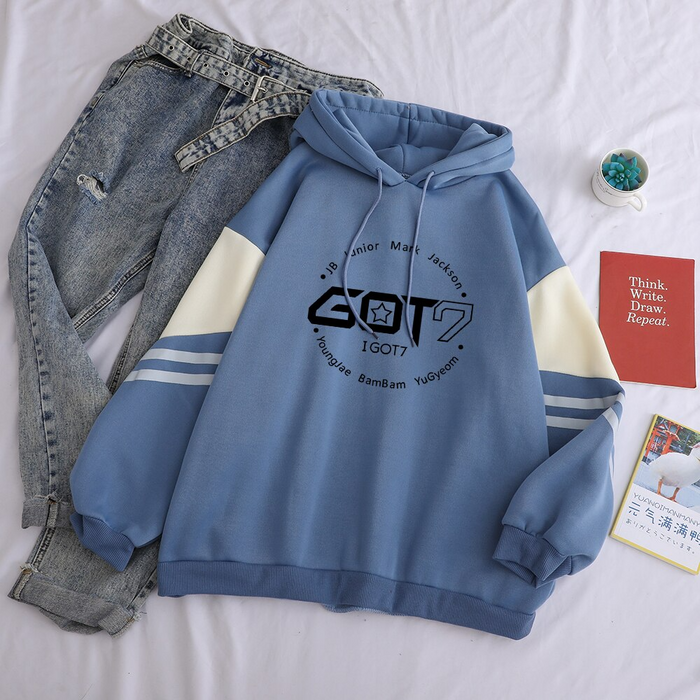 Popular Kpop Hoodies Women Got7 Printing Casual Hooded Sweatshirts Female Cotton Hit Color Streetwear Thicken Clothin
