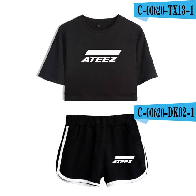 ATEEZ 2019 new 2  Piece Sets fashion women sexy navel T-shirt + shorts Kpop Short Sleeve T-shirt short pant casual Harajuku sets