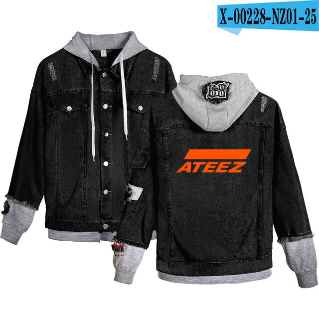 ATEEZ Hooded Denim Jacket For Women Jeans Jacket Holes Vintage  Coat Female loose Basic Coats - Kpopshop