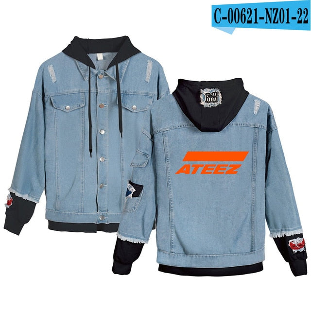 ATEEZ Hooded Denim Jacket For Women Jeans Jacket Holes Vintage  Coat Female loose Basic Coats - Kpopshop