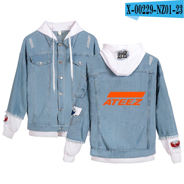ATEEZ Hooded Denim Jacket For Women Jeans Jacket Holes Vintage  Coat Female loose Basic Coats - Kpopshop