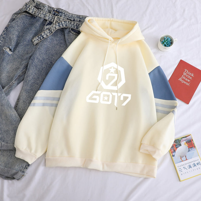 Autumn Winter Got7 Hoodies Print Hoody Women Harajuku Casual Hot Sale Drop Shoulder Kpop Sweatshirts Hit Color Patchwork Clothes