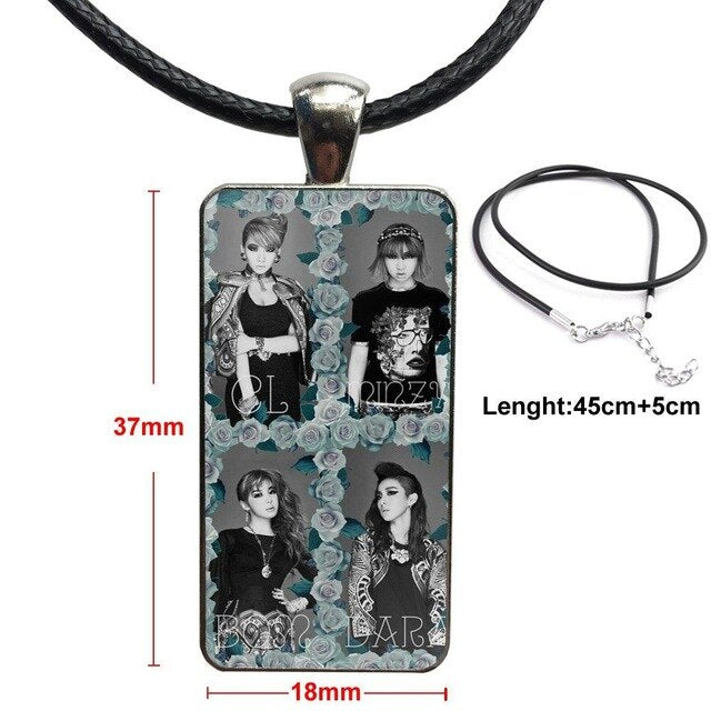For Girls Handmade Gift 2ne1 Star Group Kpop Jewelry With Steel Plated Glass Cabochon Choker Long Pendant Rectangle Necklace