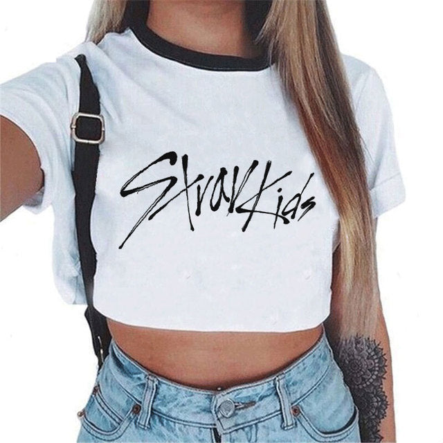 Idol Group Stray Kids Print Tshirt Women Crop Tops Short Sleeve T-shirt K