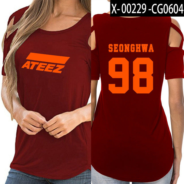 KPOP ATEEZ off shoulder women girl t-shirt women sexy Korean tops - Kpopshop