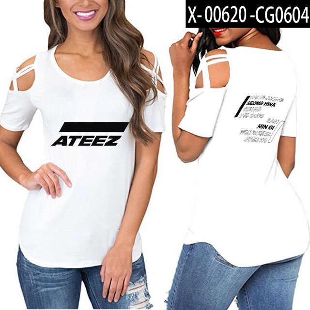 KPOP ATEEZ off shoulder women girl t-shirt women sexy Korean tops - Kpopshop