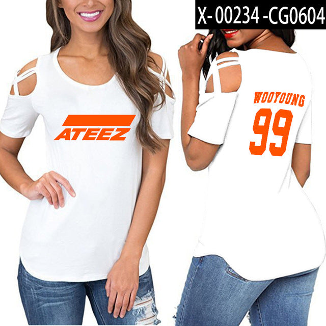 KPOP ATEEZ off shoulder women girl t-shirt women sexy Korean tops - Kpopshop