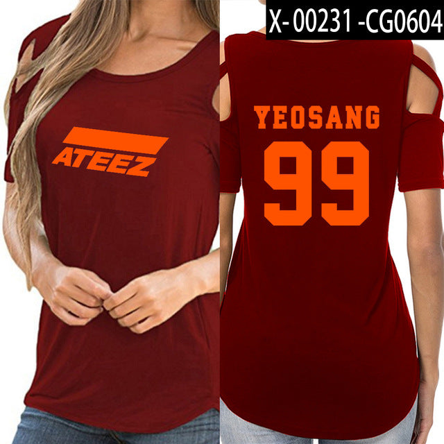 KPOP ATEEZ off shoulder women girl t-shirt women sexy Korean tops - Kpopshop