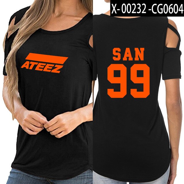 KPOP ATEEZ off shoulder women girl t-shirt women sexy Korean tops - Kpopshop