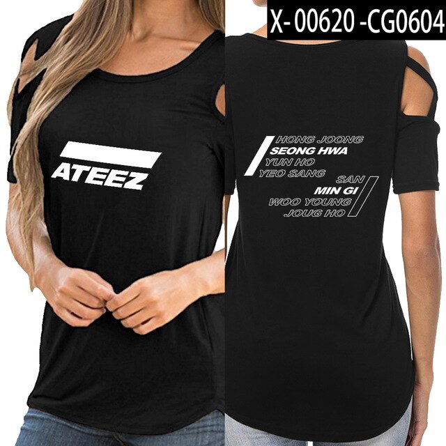 KPOP ATEEZ off shoulder women girl t-shirt women sexy Korean tops - Kpopshop