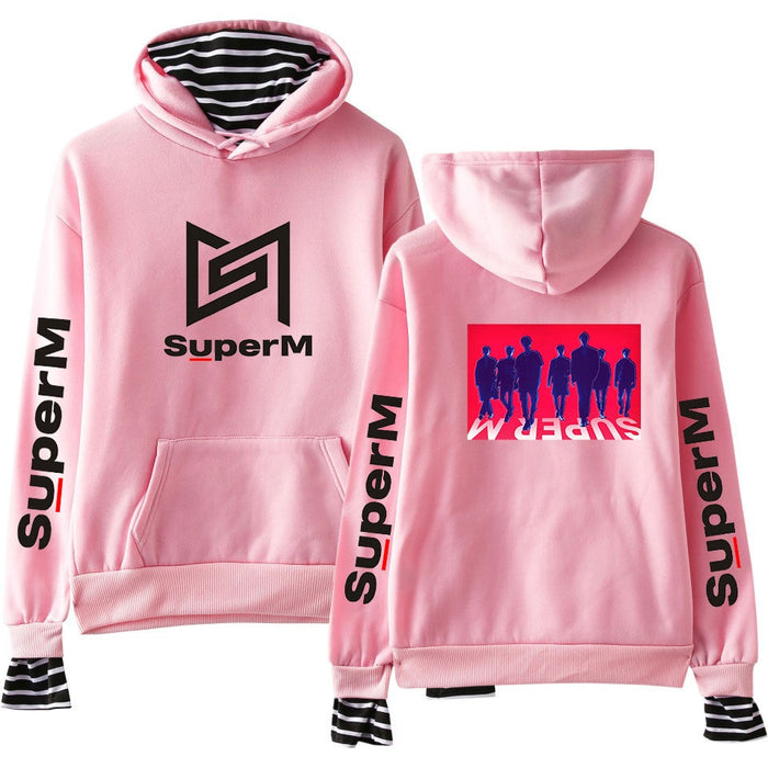 KPOP SuperM Hoodies Women Men Long Sleeve Sweatshirt Korean Fashion Casual Loose Fake Two Pieces Hooded Jacket Outwear