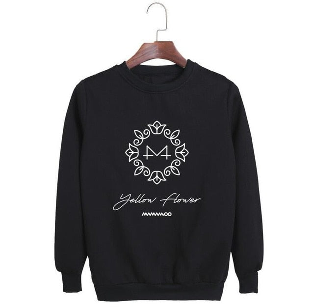 Kpop mamamoo album yellow flower cover and member name printing o neck sweatshirt men women loose pullover hoodies