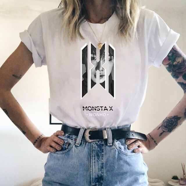 MONSTA X Print Girls Women Tshirt Idol Harajuku Fashion Streetwear Hip Hop White T-shirt Summer Short Sleeve O Neck Tees Female