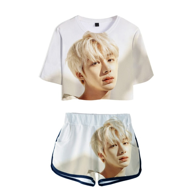 Popular Kpop MONSTA X Tracksuit Women Tracksuit Two Piece Set Crop Tops+shorts Girls Sexy clothes cool Summer Short sets Album