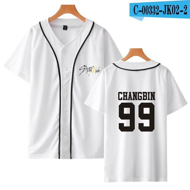 Summer Kpop Stray Kids Yellow Wood V-neck Baseball Tee Printed Short Sleeve Harajuku Casual Fashion Soft 2021
