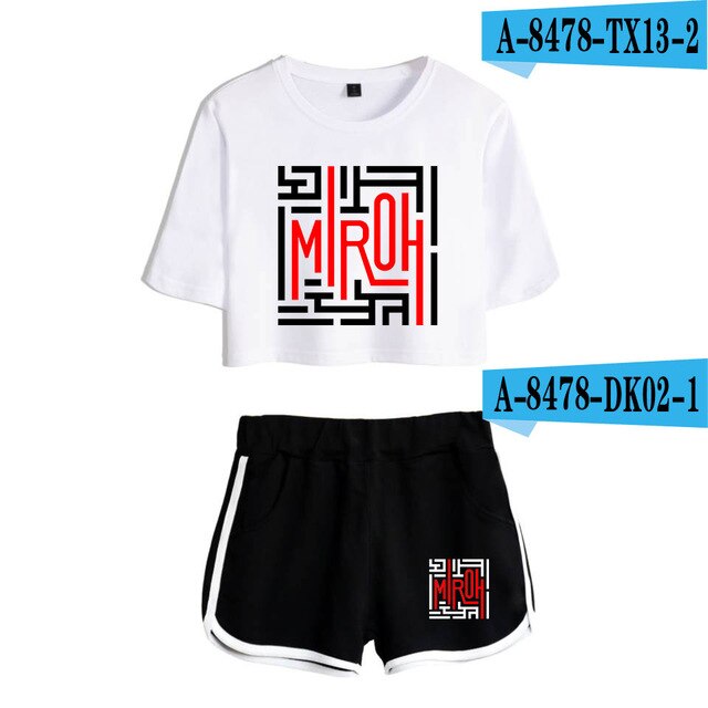 Women navel T-shirt Printed KPOP Stray Kids Two Piece Set + Short Pants Summer Dew navel t shirt Girl Leisure Sets