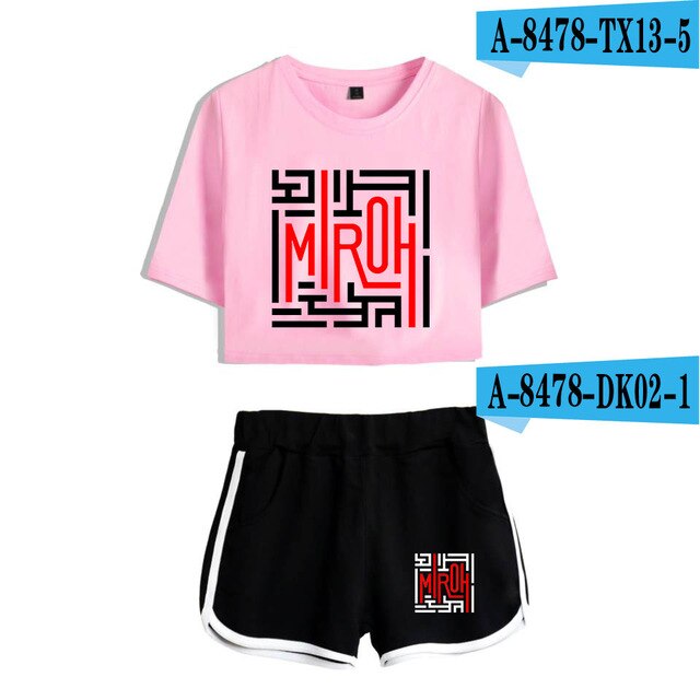 Women navel T-shirt Printed KPOP Stray Kids Two Piece Set + Short Pants Summer Dew navel t shirt Girl Leisure Sets