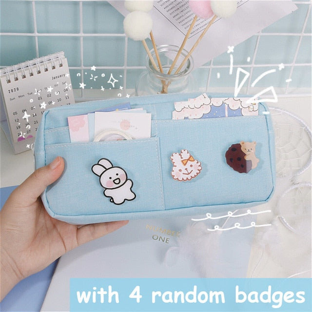 kawaii Large Pencil Case Stationery Storage Bags Canvas Pencil Bag Cute Makeup Bag School Supplies for Girl Kids Gift w/ Badge