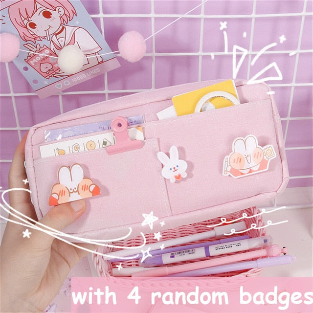 kawaii Large Pencil Case Stationery Storage Bags Canvas Pencil Bag Cute Makeup Bag School Supplies for Girl Kids Gift w/ Badge