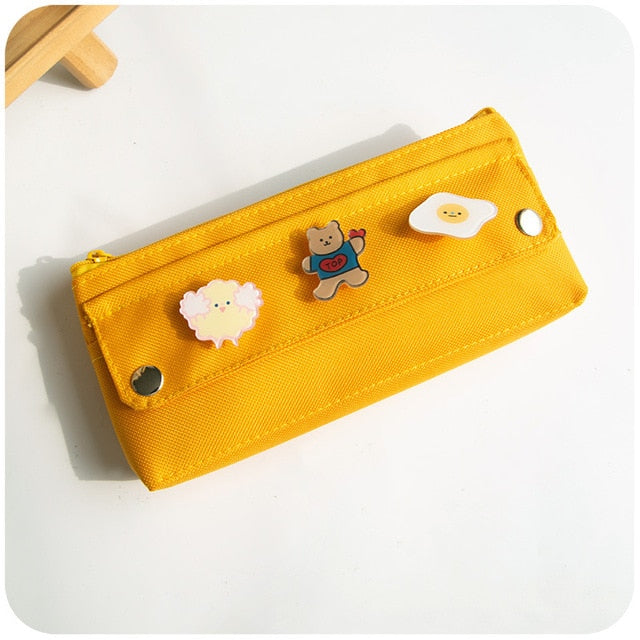 kawaii Large Pencil Case Stationery Storage Bags Canvas Pencil Bag Cute Makeup Bag School Supplies for Girl Kids Gift w/ Badge