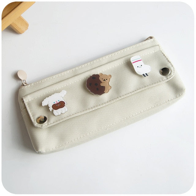 kawaii Large Pencil Case Stationery Storage Bags Canvas Pencil Bag Cute Makeup Bag School Supplies for Girl Kids Gift w/ Badge