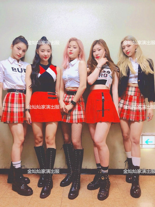 kpop ITZY jazz dance show same korean lapel short sleeved t shirt tops+sexy plaid loose high waist mini skirt women 2 piece set