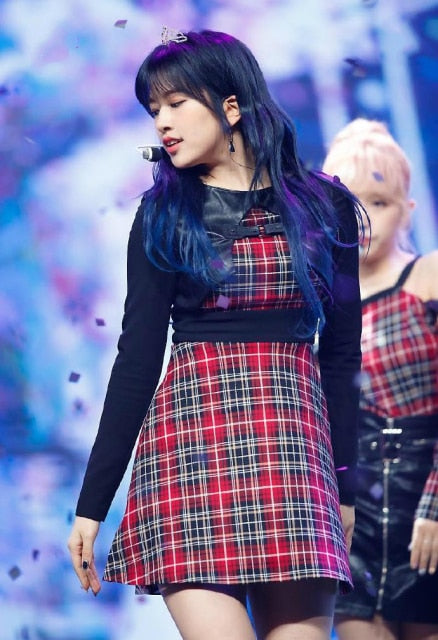 kpop IZONE Jazz dance show fashion loose casual plaid long sleeved t shirt tops+sexy loose skirts High waist dress women outfits