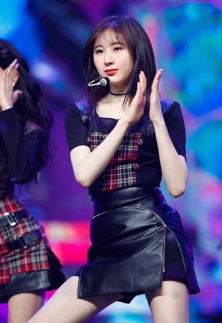 kpop IZONE Jazz dance show fashion loose casual plaid long sleeved t shirt tops+sexy loose skirts High waist dress women outfits