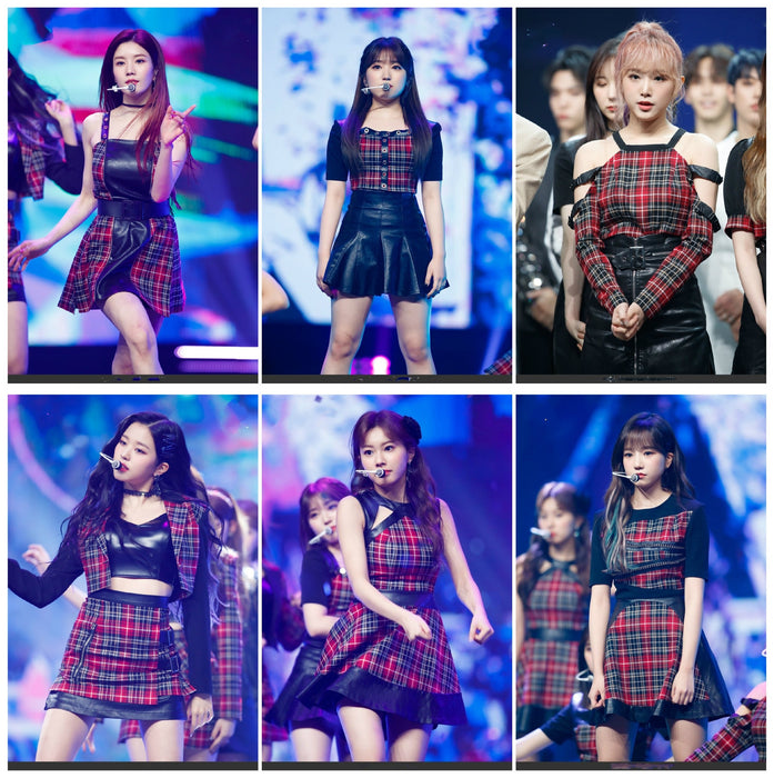 kpop IZONE Jazz dance show fashion loose casual plaid long sleeved t shirt tops+sexy loose skirts High waist dress women outfits