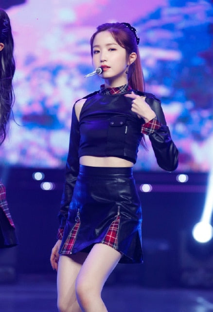 kpop IZONE Jazz stage show temperament casual plaid long sleeved t shirt tops+sexy loose skirts High waist dress women outfits